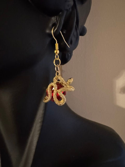 Thumbnail: Gold Snake Dangling Earrings - Red Gemstone