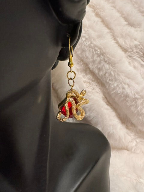 Thumbnail: Gold Snake Dangling Earrings - Red Gemstone