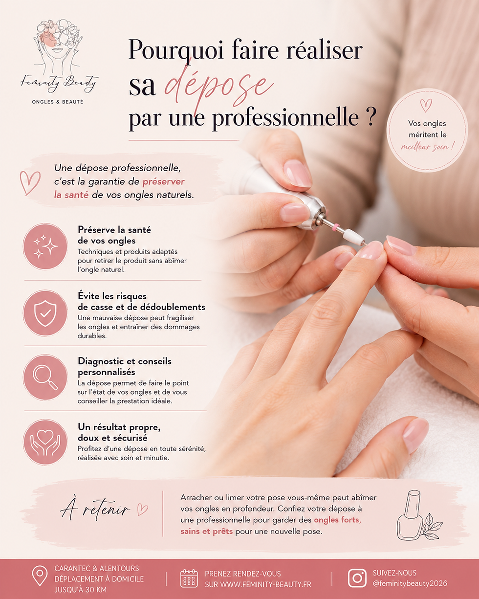 Pourquoi faire réaliser sa dépose par une professionnelle ? Découvrez les risques d'une dépose maison et les avantages d'une dépose réalisée avec soin par Feminity Beauty à Carantec.