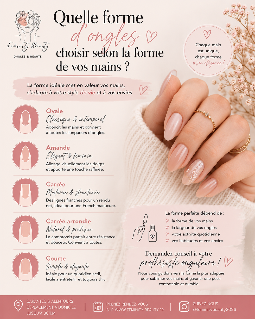 Quelle forme d'ongles choisir selon la forme de vos mains ? Découvrez les différences entre les formes ovale, amande, carrée ou courte et trouvez celle qui vous mettra le plus en valeur avec Feminity Beauty.