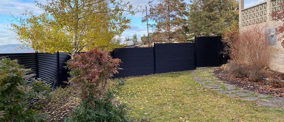 Black corrugated metal fence with black powder coated metal poles make for no maintenance.