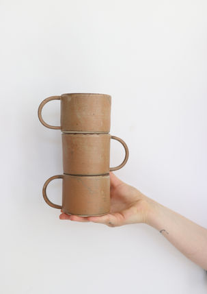 handmade wheel-thrown ceramic d-mugs from stoneware clay and maple coloured glaze