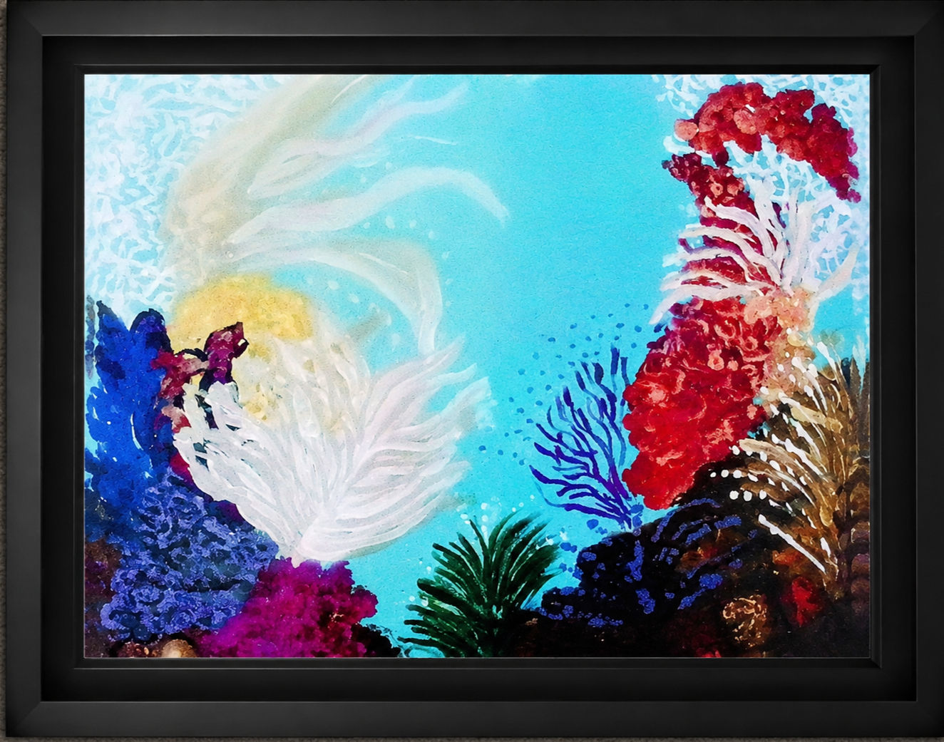 Colorful underwater acrylic painting with white, red and purple coral, sea plants and a bright blue ocean