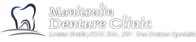 Manitoulin Denture Clinic logo with a tooth icon and text description.