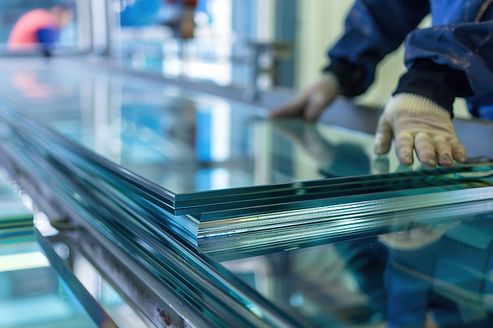 Workers inspecting glass sheets for windows, manufacturing process