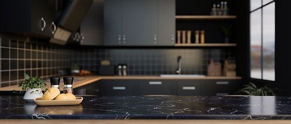 A space for displaying your product on a black marble kitchen countertop in a modern black