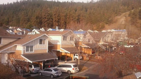 Residential street with houses and wooded hillside