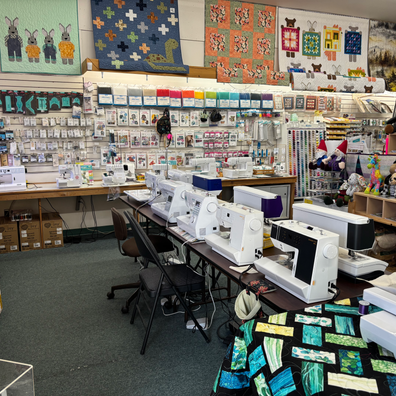Sewing machines and quilting supplies in a craft shop