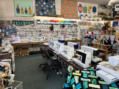 Sewing machines and quilting supplies in a craft shop