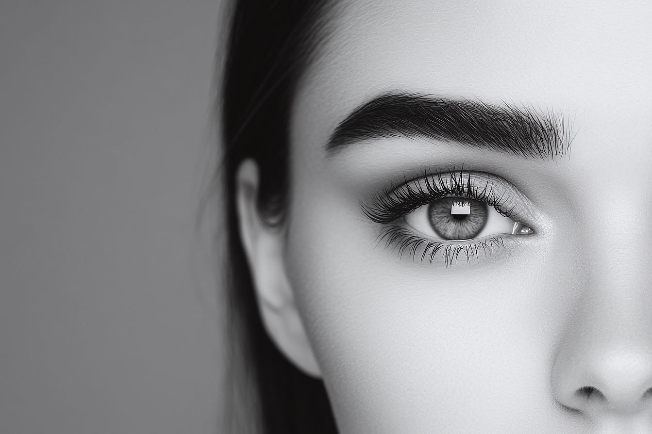 Monochrome close-up of an eye with bold lashes and defined brows