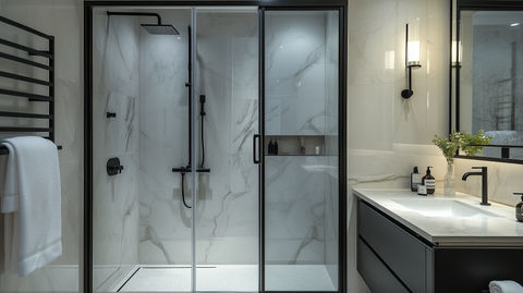 Ambiance élégante et contemporaine dans une salle de bains spacieuse avec une douche