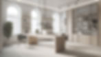 A bright home office with a minimalistic white interior featuring arched windows, ample su