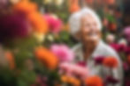 A senior woman surrounded by colorful flowers in a garden, smiling as she admires their be