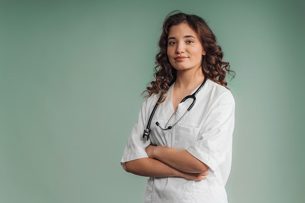 Portrait of young curly nurse, studio shoot