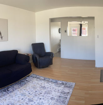 Salon d'un appartement meublé avec canapé bleu et tapis.