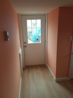 White door with glass panels in a peach hallway