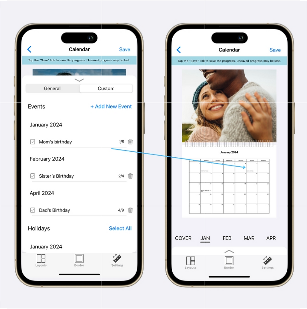 A phone showing the app and how to add custom dates to your calendar project