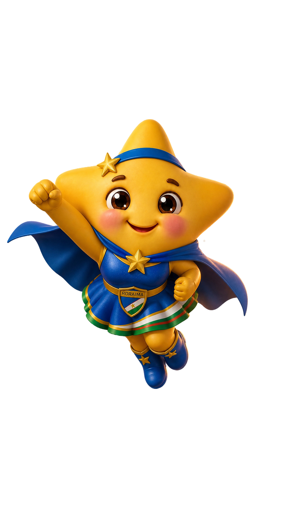 Mascote Estelinha em formato de estrela, uniforme azul e amarelo com detalhes verdes, representando o estado de Roraima