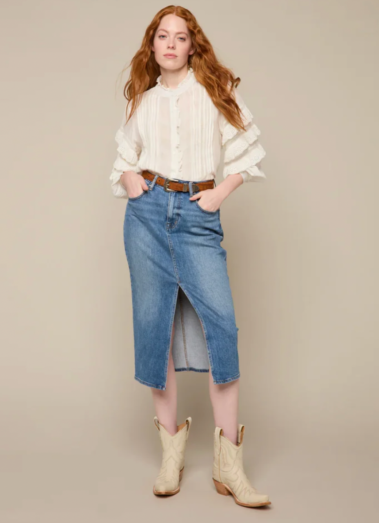 Lucchese boots with mid jean skirt.