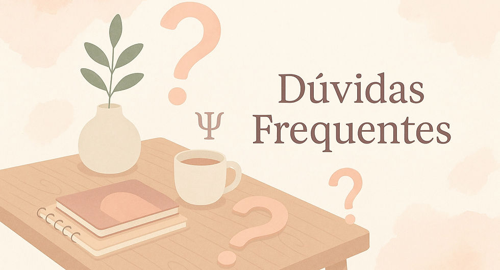 Imagem ilustrativa com uma mesa de madeira contendo um vaso branco com uma planta verde, uma xícara de café e dois cadernos empilhados. Ao fundo, elementos visuais relacionados à psicologia, incluindo pontos de interrogação e o símbolo da psicologia. Texto 'Dúvidas Frequentes' destacado à direita. Ideal para conteúdos educativos e informativos sobre psicologia.