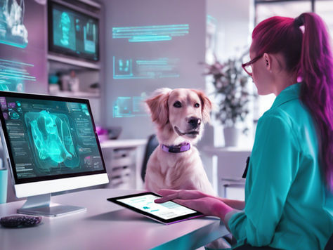 Woman and dog in a futuristic office. Woman with pink hair uses a tablet; computer displays canine X-rays. Blue and purple hues dominate.
