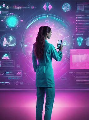 A sleek vertical composition featuring a modern veterinary professional analyzing holograp