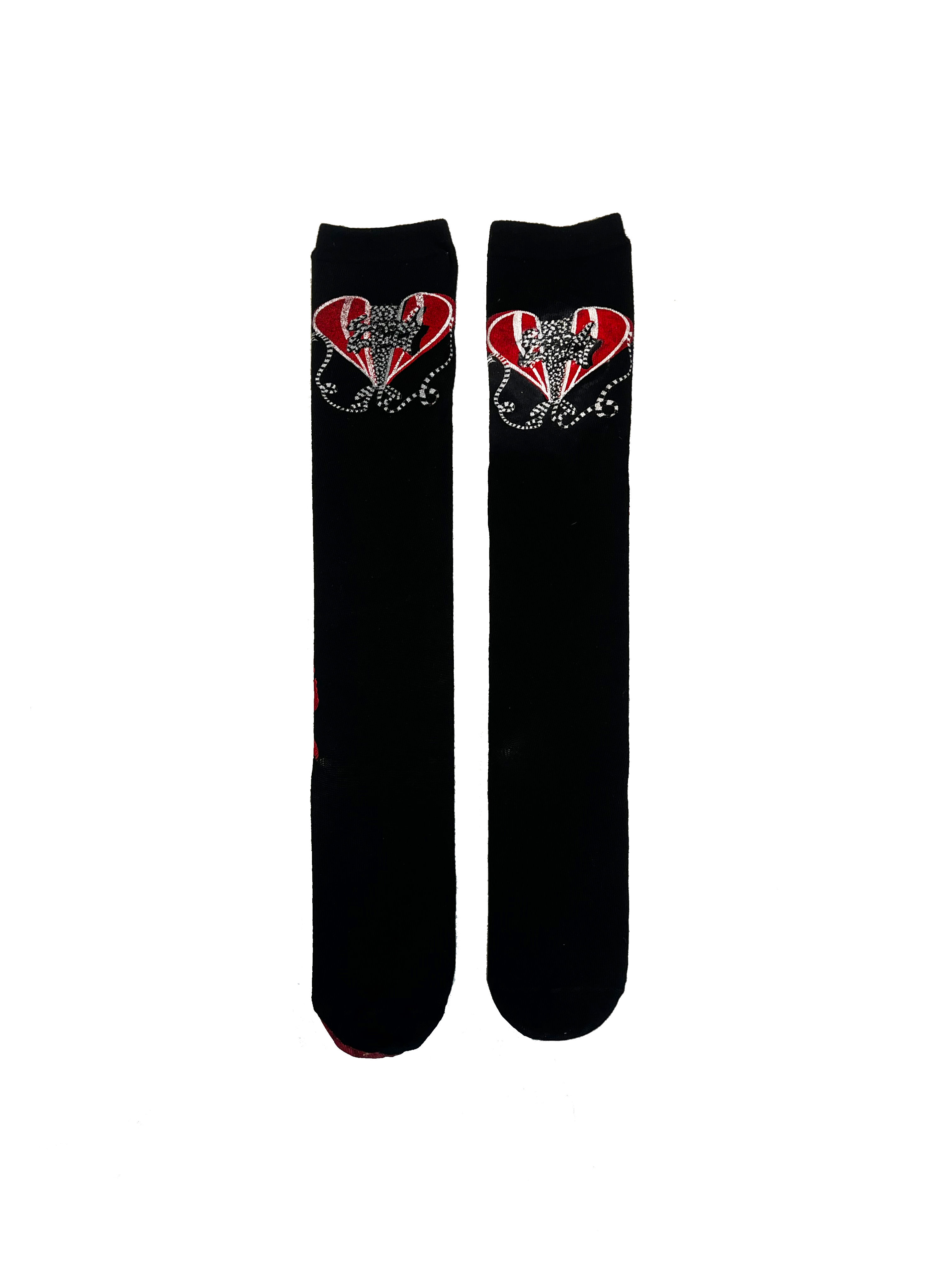 Black+Red Knee-high Screen Printed Socks