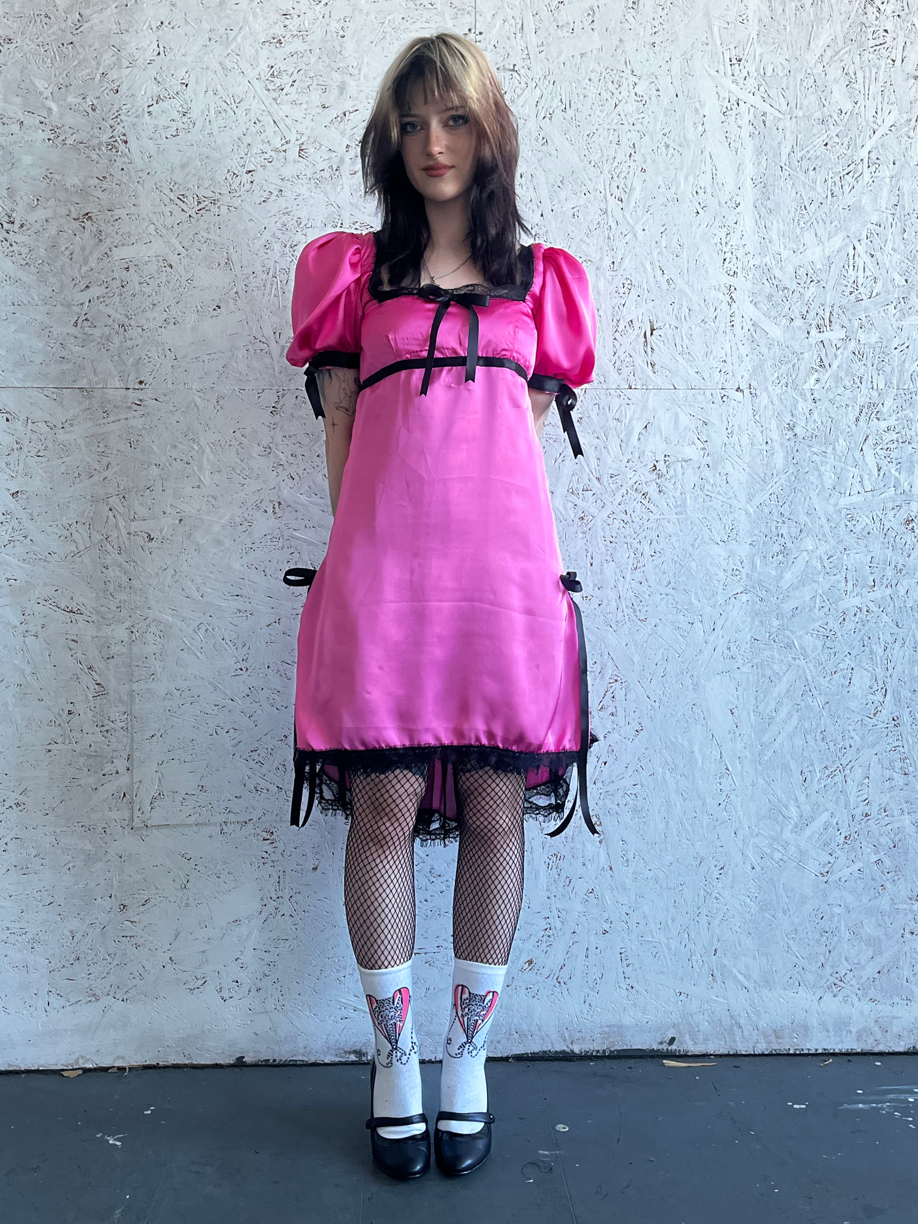 Pink Satin and Black Lace Regency Babydoll Dress