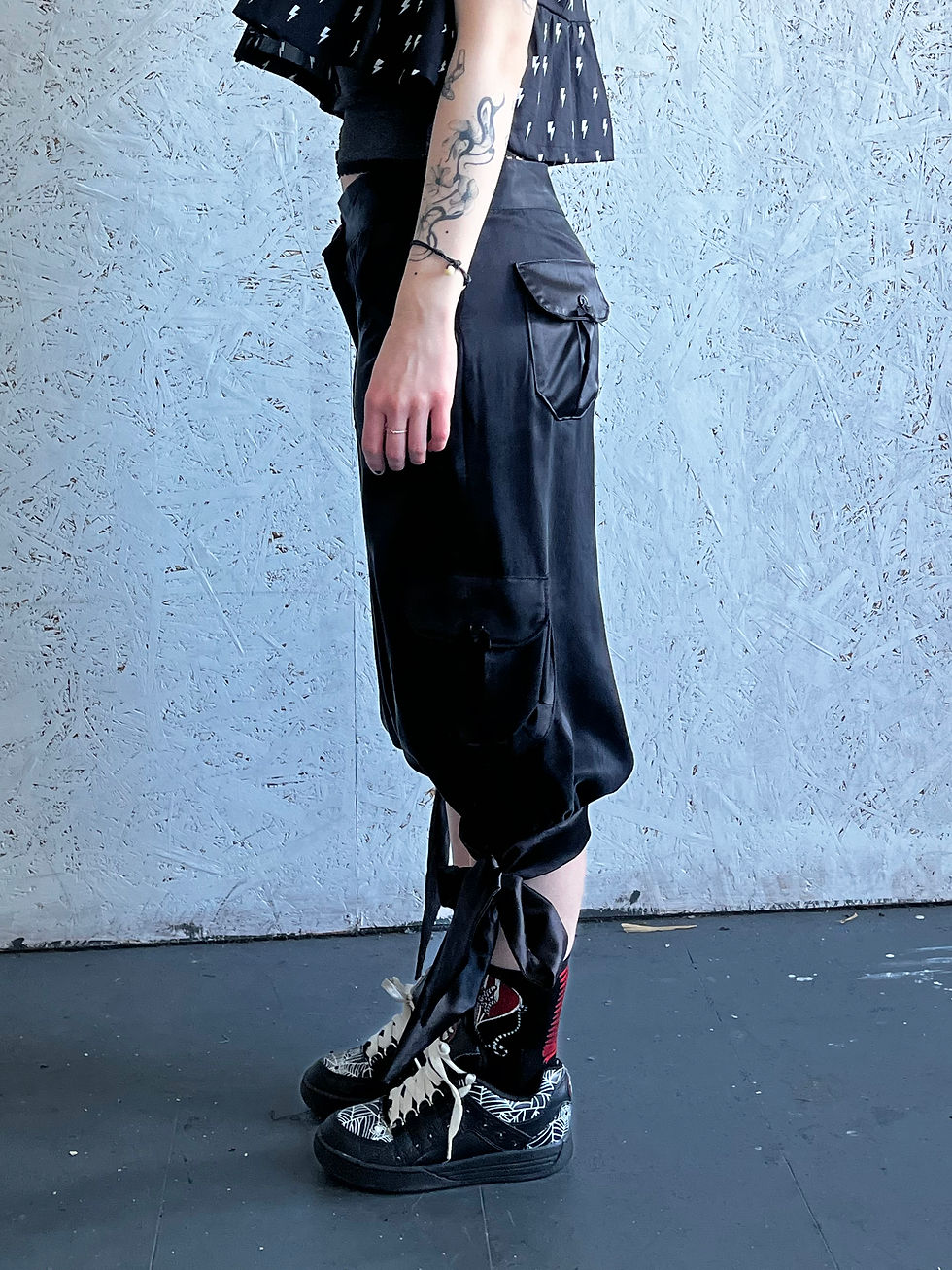 Thumbnail: Black Satin 3/4 Length Cargo Bloomer Shorts