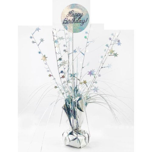Happy Birthday Centrepiece -  Holographic Silver