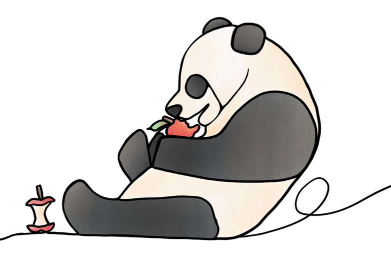 A continuous line drawing of a panda eating apples