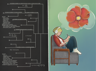 Left side - the logic and Fintech, the right side, Shel in a cozy chair sketching with a flower in the top right.