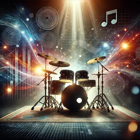 A captivating and artistic image of a professional drum kit set on a stage under a glowing