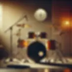 A visually striking image of a drum kit in a calm, well-lit studio with warm wood tones and natural lighting, symbolizing deliberate practice, with no hands or timer visible.