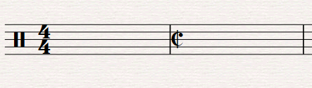 An image showing the 4/4 time signature on a musical staff, highlighting its common use in drumming.