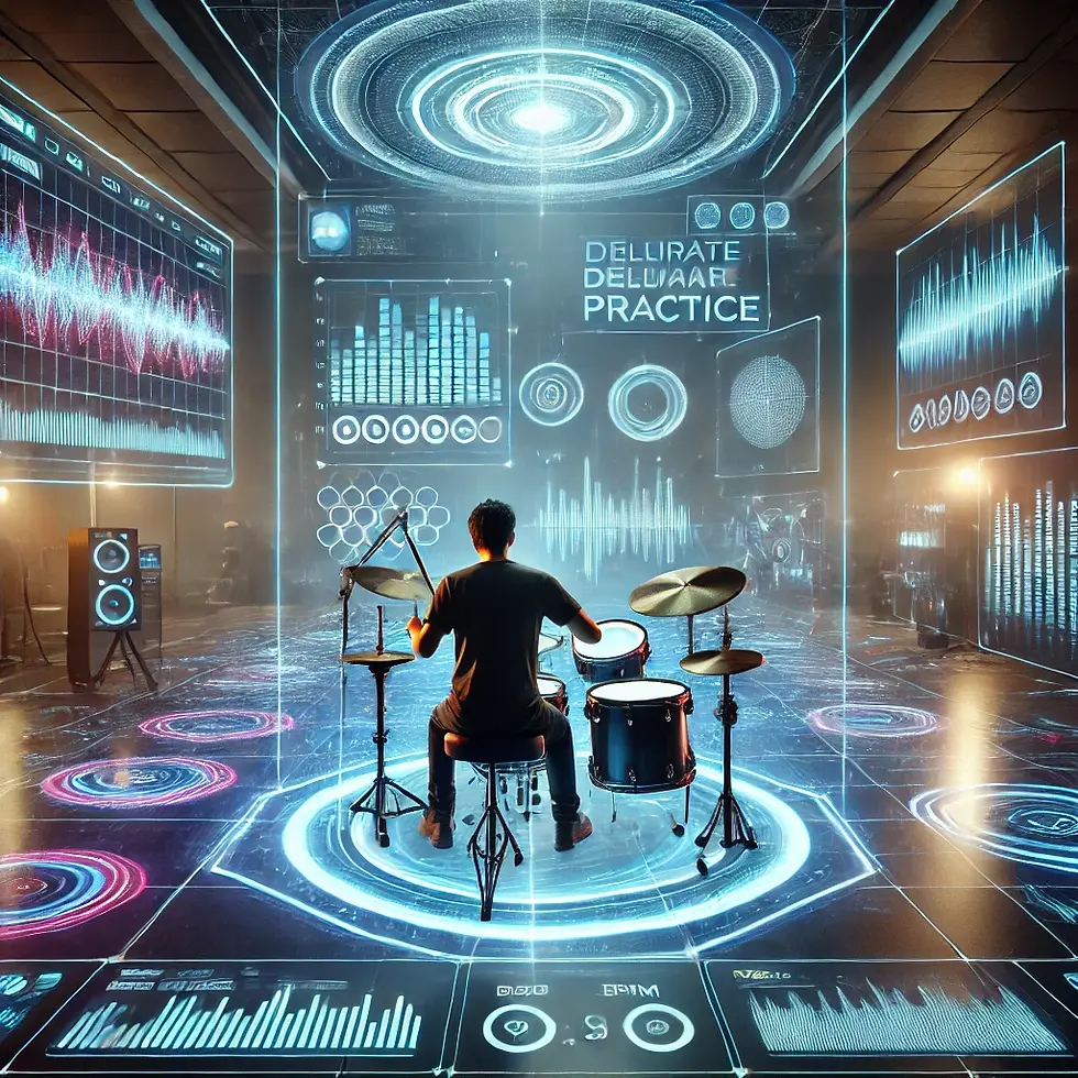 A futuristic drummer practicing with a neon-lit electronic drum kit in a high-tech studio. Holographic rhythm grids, an augmented reality metronome, and waveform animations enhance the immersive drumming experience, symbolizing precision and scientific mastery.