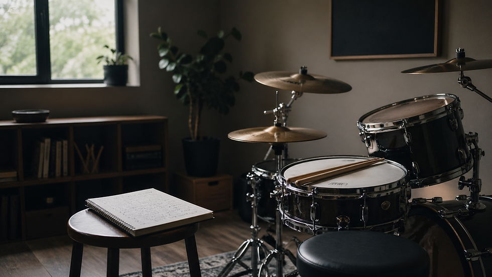 A calm drum practice room with an acoustic drum kit, sticks resting on the snare, and a notebook nearby, suggesting structured practice, reflection, and learning that becomes visible over time.