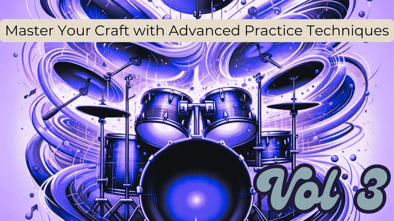 Vibrant drum set with swirling blue patterns, "Vol 3" displayed.