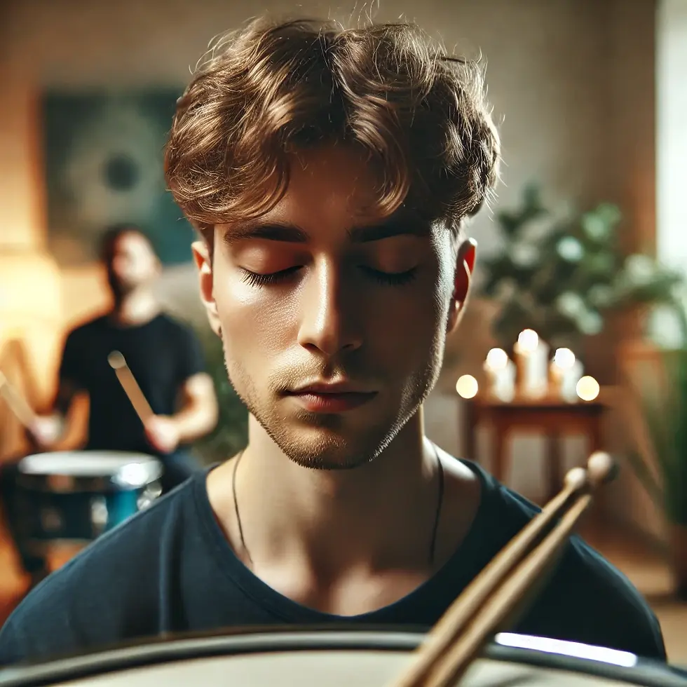 Close-up of a drummer practicing mindfulness, with eyes closed in a serene expression. The background shows a peaceful, softly lit room with calming elements like plants and candles, emphasizing focus and inner peace.