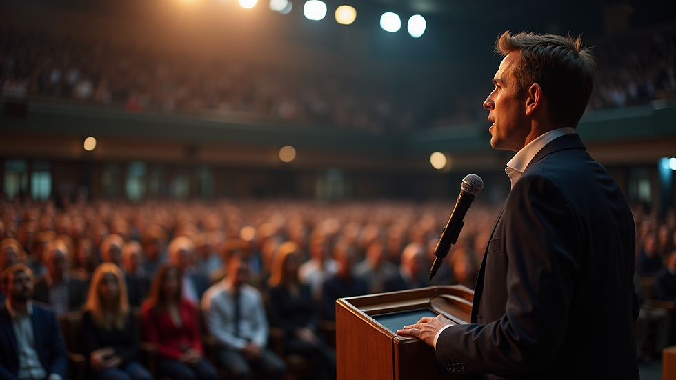 Eye-level view of a speaker engaging with an audience