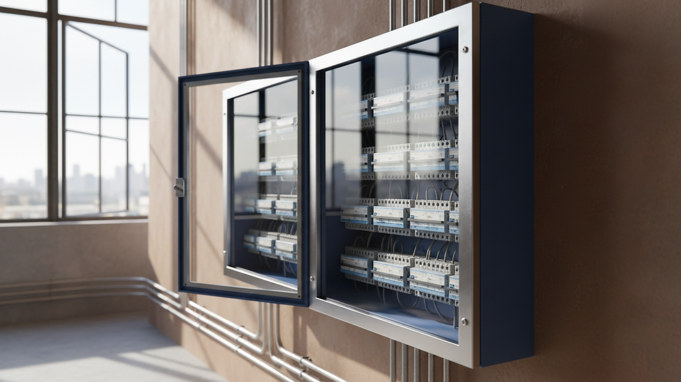 Eye-level view of electrical panel with multiple MCBs installed