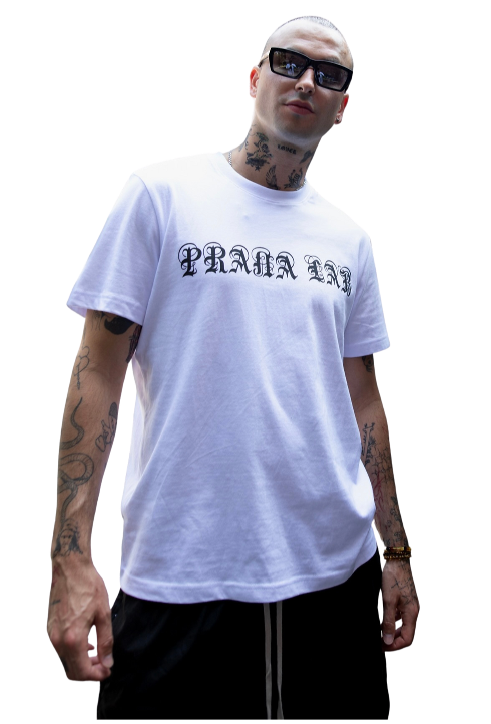 Model wearing white Prana Lab Circle of Light T-Shirt with black gothic logo front