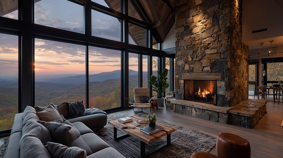 A modern mountain home living room with stone fireplace