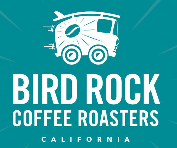Teal background with a stylized white coffee van logo. Text reads: "BIRD ROCK COFFEE ROASTERS CALIFORNIA." Energetic and bold vibe.