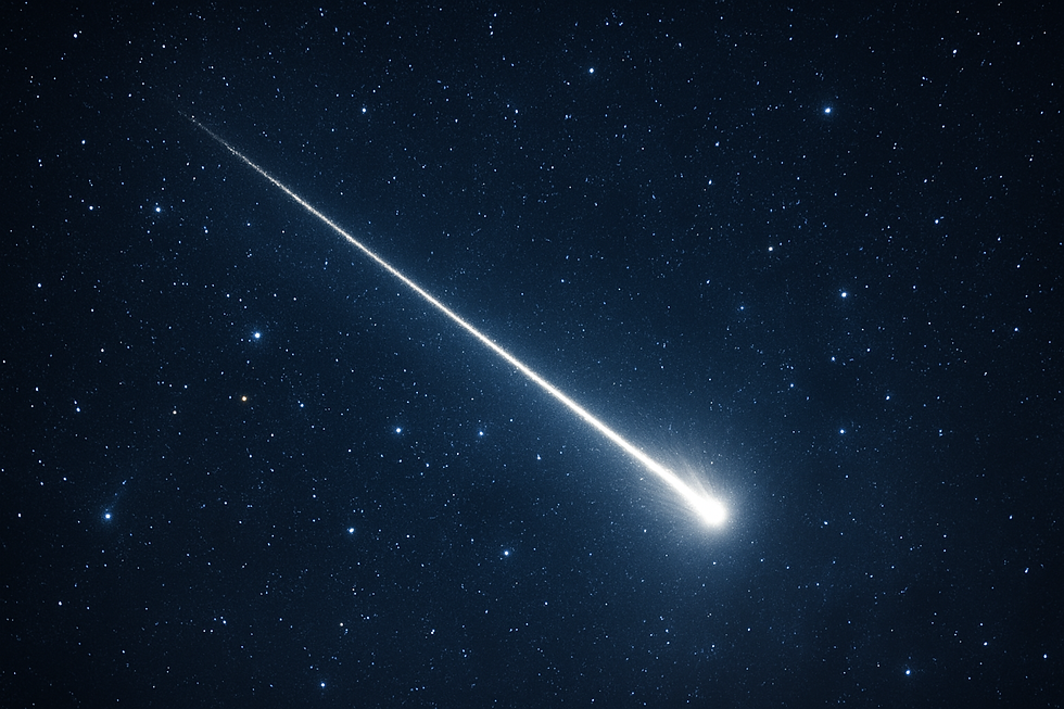 Bright comet streaks across a starry night sky, leaving a glowing trail. The scene evokes wonder and serenity, set against deep blue space.