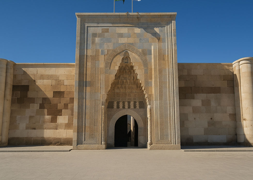 Ornate stone archway with intricate patterns set against a checkered wall under a clear blue sky. Flags are partially visible atop.