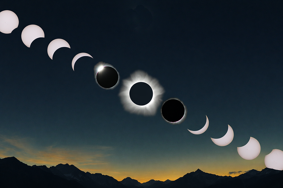 Phases of a solar eclipse over mountain silhouettes at dusk, showing progression from crescent to totality against a dark sky.