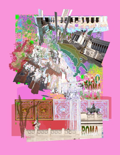 FineArt Print „Rom“ – moderne digitale Collage mit dem Kolosseum, historischen Bauwerken, urbanen Elementen und expressiven Farbkompositionen im neo-expressionistischen Stil.
