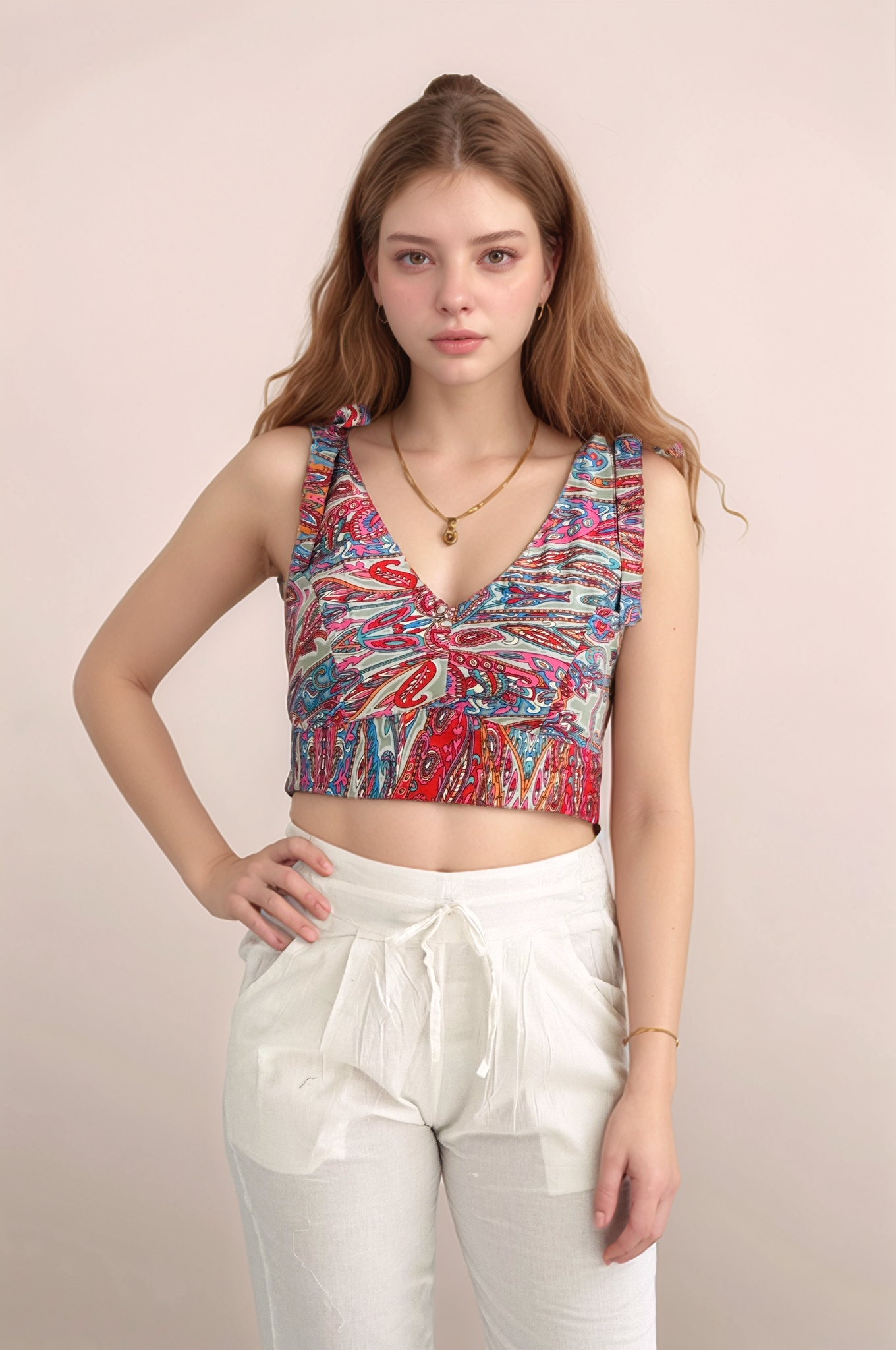Women & Girls’ Boho Paisley Tie-Strap Crop Top