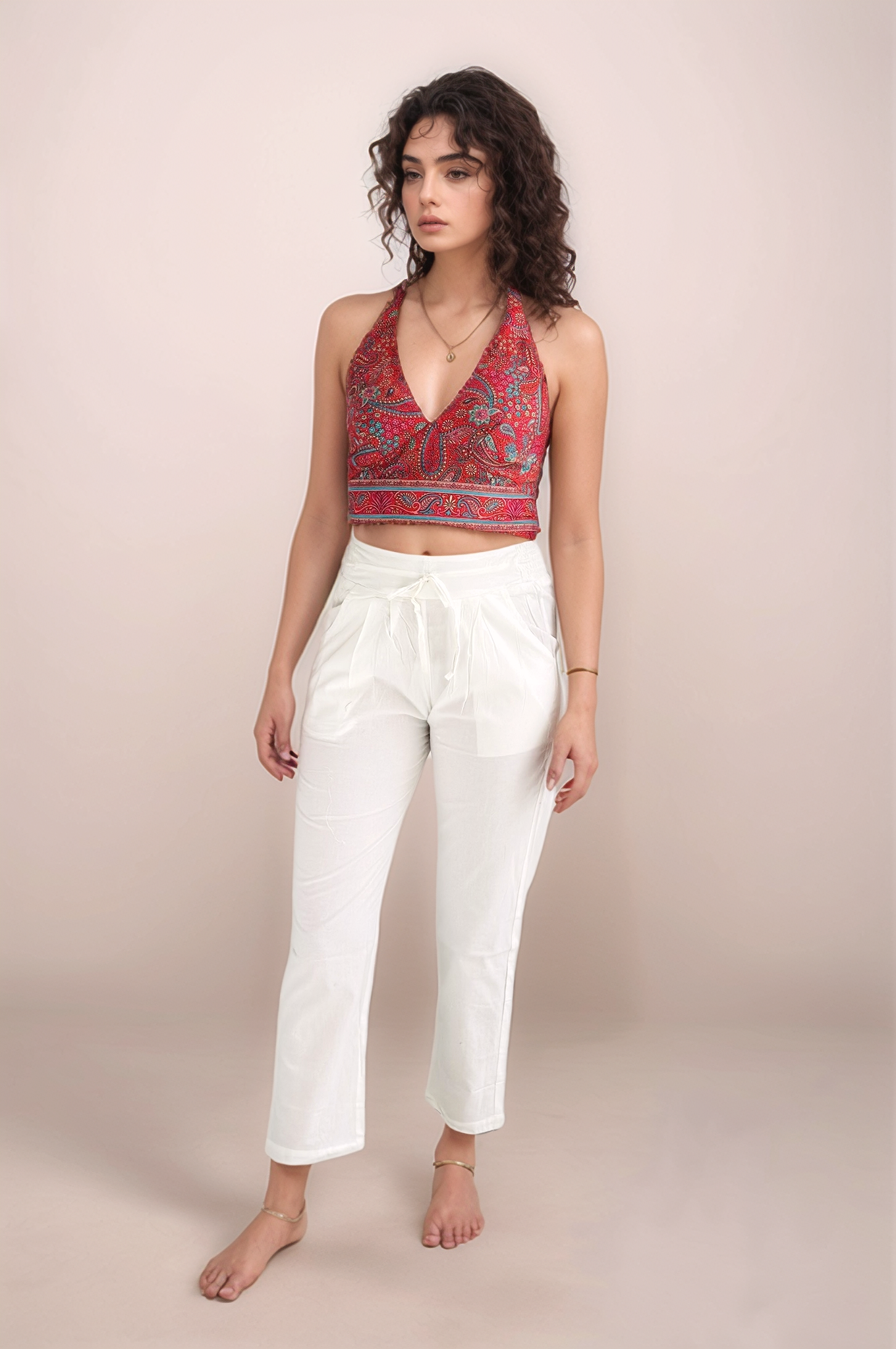 Red Paisley Halter Crop Top